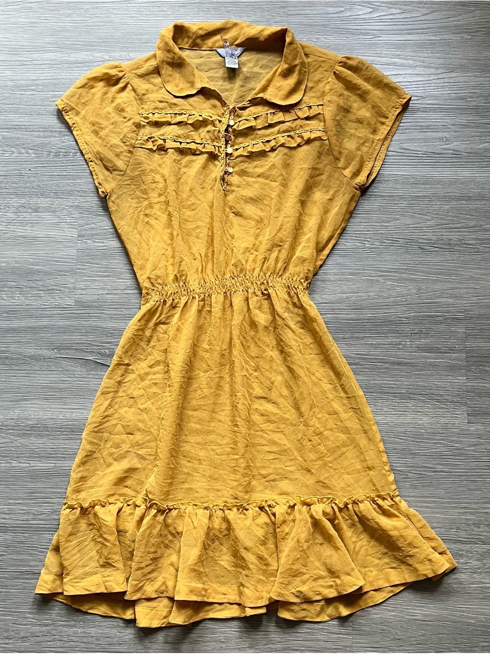 split Mustard Yellow Ruffle-Trim Sheer Polka Dot Mini Dress
